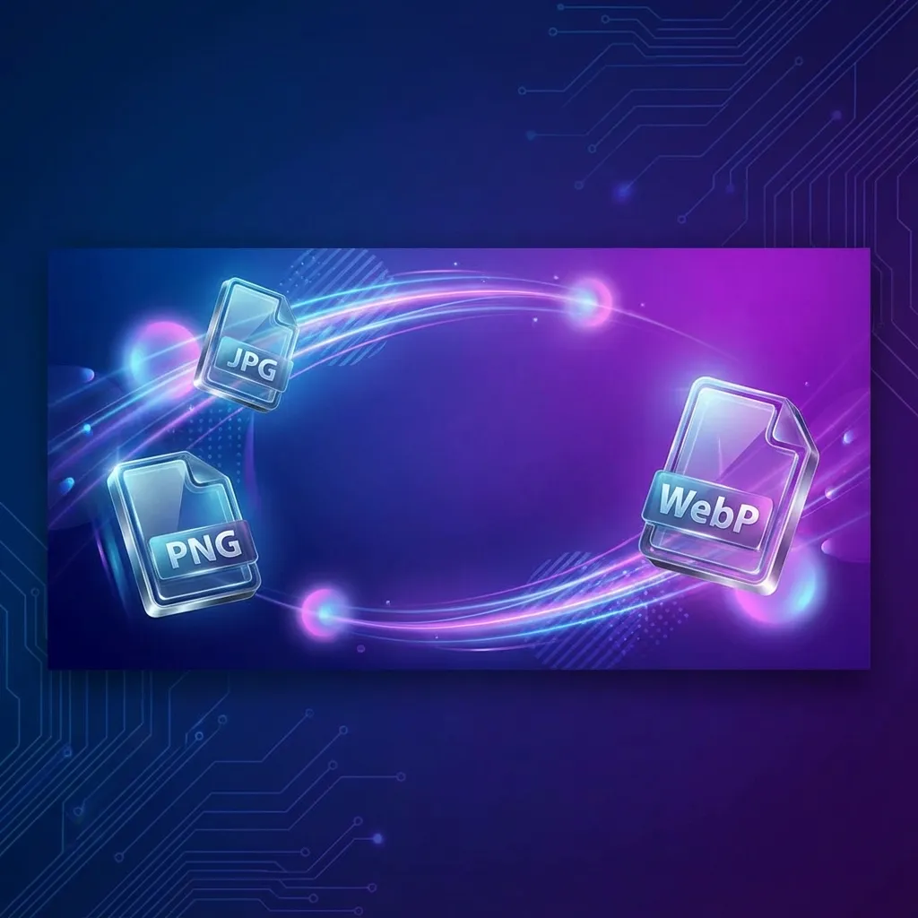 Vibrant background illustration showing color-coded JPEG to WebP conversion